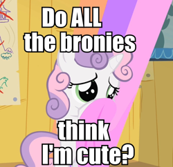 Size: 946x916 | Tagged: safe, edit, edited screencap, screencap, character:sweetie belle, episode:the show stoppers, g4, my little pony: friendship is magic, bipedal, bronybait, cropped, cute, diasweetes, female, hiding, image macro, shy, solo