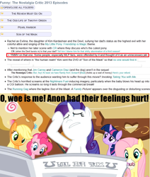 Size: 1152x1358 | Tagged: safe, edit, edited screencap, screencap, character:rarity, oc, oc:anon, episode:ponyville confidential, g4, my little pony: friendship is magic, cr, i'll destroy her, meta, newspaper, nostalgia critic, son of the mask, text, tv tropes