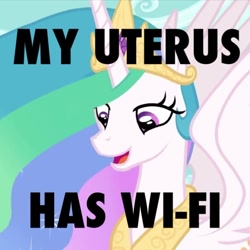 Size: 720x719 | Tagged: safe, edit, edited screencap, screencap, character:princess celestia, species:alicorn, species:pony, princess molestia, 4chan, female, funny, how, if you know what i mean, image macro, looking down, majestic as fuck, mare, meme, open mouth, smiling, solo, spread wings, too much information, trollestia, uterus, wat, wi-fi, wings