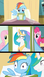 Size: 581x1000 | Tagged: safe, edit, edited screencap, screencap, character:fluttershy, character:pinkie pie, character:rainbow dash, princess molestia, episode:read it and weep, g4, my little pony: friendship is magic, comic, hospital, hub logo, screencap comic, shocked, worried