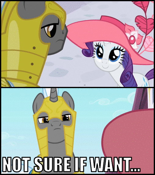 Size: 508x574 | Tagged: safe, edit, edited screencap, screencap, character:rarity, episode:sweet and elite, g4, my little pony: friendship is magic, animated, blinking, clothing, comic, duo, hat, image macro, royal guard, skeptical