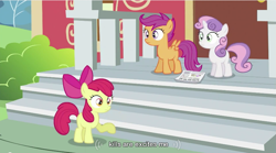 Size: 853x473 | Tagged: safe, edit, edited screencap, screencap, character:apple bloom, character:scootaloo, character:sweetie belle, species:earth pony, species:pegasus, species:pony, species:unicorn, episode:ponyville confidential, g4, my little pony: friendship is magic, caption, cutie mark crusaders, female, filly, ponyville schoolhouse, wat, youtube caption