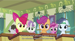 Size: 853x475 | Tagged: safe, edit, edited screencap, screencap, character:apple bloom, character:ruby pinch, character:scootaloo, character:shady daze, character:sweetie belle, character:truffle shuffle, species:earth pony, species:pegasus, species:pony, episode:ponyville confidential, g4, my little pony: friendship is magic, caption, colt, cutie mark crusaders, male, ponyville schoolhouse, wat, youtube caption