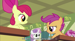 Size: 855x470 | Tagged: safe, edit, edited screencap, screencap, character:apple bloom, character:ruby pinch, character:scootaloo, character:sweetie belle, species:pegasus, species:pony, caption, cutie mark crusaders, youtube caption