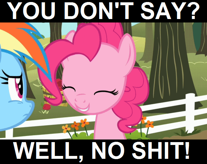 Size: 720x569 | Tagged: safe, edit, edited screencap, screencap, character:pinkie pie, character:rainbow dash, episode:the super speedy cider squeezy 6000, g4, my little pony: friendship is magic, animated, apple, bucket, caption, duo, fence, food, image macro, reaction image, tree, vulgar, you don't say