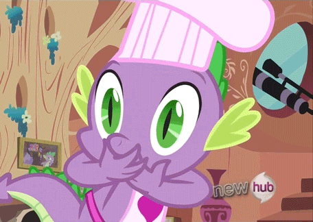 Size: 456x324 | Tagged: safe, edit, edited screencap, screencap, character:spike, episode:just for sidekicks, g4, my little pony: friendship is magic, animated, apron, chef's hat, clothing, gem, hat, hub logo, le ruse master, naked apron, reaction image, trollface
