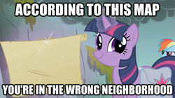 Size: 625x351 | Tagged: safe, edit, edited screencap, screencap, character:rainbow dash, character:twilight sparkle, episode:dragonshy, g4, my little pony: friendship is magic, duo, image macro, looking at you, map, saddle bag, twiface, wrong neighborhood