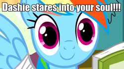 Size: 1280x716 | Tagged: safe, edit, edited screencap, screencap, character:rainbow dash, episode:read it and weep, g4, my little pony: friendship is magic, book, caption, eyes, female, image macro, meme, solo, soul, stare, staring into your soul