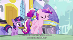 Size: 854x470 | Tagged: safe, edit, edited screencap, screencap, character:princess cadance, character:twilight sparkle, species:alicorn, species:pony, species:unicorn, episode:a canterlot wedding, g4, my little pony: friendship is magic, bill clinton, caption, eyes closed, female, filly, younger, youtube caption