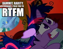 Size: 764x592 | Tagged: safe, edit, edited screencap, screencap, character:twilight sparkle, species:pony, species:unicorn, bed, caption, female, implied rarity, insanity, mare, pillow, reaction image, rtfm