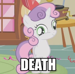 Size: 500x495 | Tagged: safe, edit, edited screencap, screencap, character:sweetie belle, species:pony, species:unicorn, caption, death, derp, dissonant caption, eye twitch, female, filly, image macro, one word, pure unfiltered evil, smiling, solo, sweetie derp, text, wat