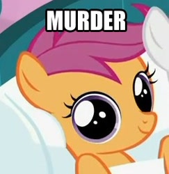 Size: 254x261 | Tagged: safe, edit, edited screencap, screencap, character:scootaloo, species:pegasus, species:pony, episode:stare master, g4, my little pony: friendship is magic, artifact, big eyes, cropped, dilated pupils, dissonant caption, female, filly, foal, image macro, looking at you, murder, one word, pure unfiltered evil, reaction image, round eyes, smiling, solo focus, stare, text, text edit