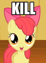 Size: 519x719 | Tagged: safe, edit, edited screencap, screencap, character:apple bloom, species:earth pony, species:pony, caption, dissonant caption, female, image macro, implied murder, looking at you, one word, open mouth, pure unfiltered evil, smiling, solo, text
