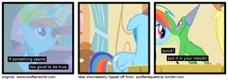Size: 1200x420 | Tagged: safe, edit, edited screencap, screencap, character:gummy, character:rainbow dash, comic:a softer equestria, episode:party of one, g4, my little pony: friendship is magic, a softer world, alligator, comic, floppy ears, nom, screencap comic, smiling, spread wings, vore, wat, wings