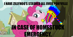 Size: 1009x513 | Tagged: safe, edit, edited screencap, screencap, character:pinkie pie, species:earth pony, species:pony, episode:it's about time, g4, my little pony: friendship is magic, ball emergency, female, hammer, homestuck, image macro, mare, meme, war hammer, warhammer of zillyhoo