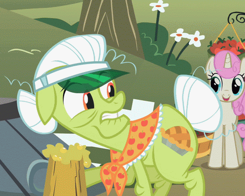 Size: 497x397 | Tagged: safe, edit, edited screencap, screencap, character:granny smith, character:twinkleshine, episode:the super speedy cider squeezy 6000, g4, my little pony: friendship is magic, animated, cider, cropped, looking around, loop, mug, shifty eyes, solo focus, sun visor