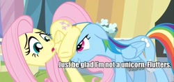 Size: 960x456 | Tagged: safe, edit, edited screencap, screencap, character:fluttershy, character:rainbow dash, episode:the crystal empire, g4, my little pony: friendship is magic, caption, cropped, duo, female, image macro, innuendo, personal space invasion, roflbot, text