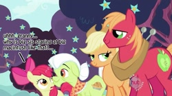 Size: 823x462 | Tagged: safe, edit, edited screencap, screencap, character:apple bloom, character:applejack, character:big mcintosh, character:granny smith, species:earth pony, species:pony, ship:applemac, caption, female, filly, hub logo, implied incest, male, mare, out of context, shipping, stallion, straight
