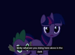 Size: 484x352 | Tagged: safe, edit, edited screencap, screencap, character:spike, character:twilight sparkle, species:dragon, species:pony, species:unicorn, episode:bridle gossip, g4, my little pony: friendship is magic, caption, female, innuendo, kinky, male, mare, youtube caption