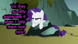 Size: 640x360 | Tagged: safe, edit, edited screencap, screencap, character:rarity, episode:dragonshy, g4, my little pony: friendship is magic, doubt, female, image macro, inner thoughts, introspective, purple text, resentment, solo