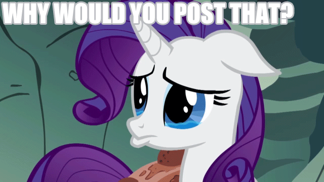 Size: 640x360 | Tagged: safe, edit, edited screencap, screencap, character:rarity, episode:a dog and pony show, g4, my little pony: friendship is magic, animated, eye shimmer, female, floppy ears, image macro, lip quiver, reaction image, solo, teary eyes