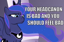 Size: 1000x650 | Tagged: safe, edit, edited screencap, screencap, character:princess luna, caption, disapproval, female, frown, headcanon, image macro, meme, reaction image, solo, spread wings, unamused, wings