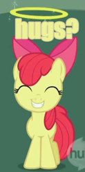 Size: 275x561 | Tagged: safe, edit, edited screencap, screencap, character:apple bloom, species:earth pony, species:pony, episode:stare master, g4, my little pony: friendship is magic, caption, cropped, female, filly, hub logo, hug, hug request, image macro, solo