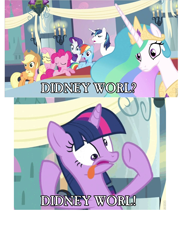Size: 992x1388 | Tagged: safe, edit, edited screencap, screencap, character:applejack, character:fluttershy, character:pinkie pie, character:princess celestia, character:rainbow dash, character:rarity, character:shining armor, character:twilight sparkle, episode:a canterlot wedding, g4, my little pony: friendship is magic, comic, derp, didney worl, faec, googly eyes, image macro, mane six, screencap comic, tongue out, wtf