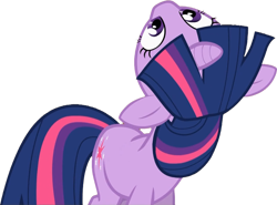 Size: 600x445 | Tagged: safe, edit, edited screencap, screencap, character:twilight sparkle, species:pony, species:unicorn, curiosity, cute, female, floppy ears, looking up, mare, neck, not a vector, simple background, solo, transparent background, twiabetes, upside down