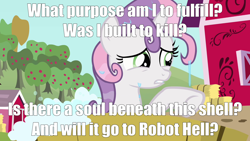 Size: 1280x720 | Tagged: safe, edit, edited screencap, screencap, character:sweetie belle, species:pony, species:unicorn, sweetie bot, episode:one bad apple, g4, my little pony: friendship is magic, apple tree, caption, female, filly, foal, hooves, horn, image macro, megaman, meme, robot, solo, song reference, teeth, text, the megas, tree, water