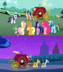 Size: 1136x1280 | Tagged: safe, edit, edited screencap, screencap, character:applejack, character:caramel, character:fluttershy, character:lucky clover, character:pinkie pie, character:rainbow dash, character:rarity, character:spike, character:twilight sparkle, species:pony, episode:the best night ever, g4, my little pony: friendship is magic, animation error, butt, coach, mane seven, mane six, plot, wrong cutie mark