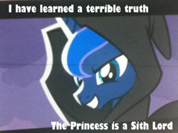 Size: 683x511 | Tagged: safe, edit, edited screencap, screencap, character:princess luna, species:alicorn, species:pony, episode:luna eclipsed, g4, my little pony: friendship is magic, cape, clothing, crossover, female, hood, mare, sith, star wars, text