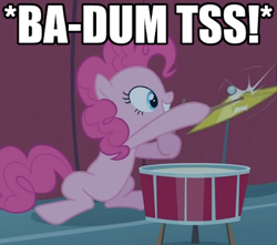 Size: 400x354 | Tagged: safe, edit, edited screencap, screencap, character:pinkie pie, episode:baby cakes, g4, my little pony: friendship is magic, ba dum tss, cropped, cymbals, dexterous hooves, drums, drumsticks, female, hoof hold, image macro, musical instrument, rimshot, solo