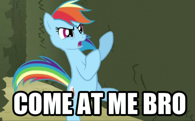 Size: 680x421 | Tagged: safe, edit, edited screencap, screencap, character:rainbow dash, episode:the return of harmony, g4, my little pony: friendship is magic, animated, boxing, caption, come at me bro, gif, image macro, intimidating, missing wing, sports, text, wingless