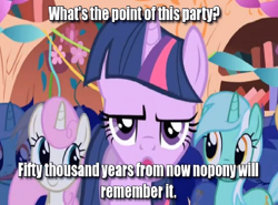 Size: 680x502 | Tagged: safe, edit, edited screencap, screencap, character:lyra heartstrings, character:minuette, character:twilight sparkle, character:twinkleshine, episode:friendship is magic, g4, my little pony: friendship is magic, future, history, image macro, immortality blues, javik, mass effect, nihilism, party, prothean, remember, truth