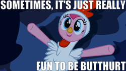 Size: 768x432 | Tagged: safe, edit, edited screencap, screencap, character:pinkie pie, species:chicken, episode:luna eclipsed, g4, my little pony: friendship is magic, animal costume, butthurt, caption, chicken pie, chicken suit, clothing, costume, female, image macro, nightmare night, nightmare night costume, solo