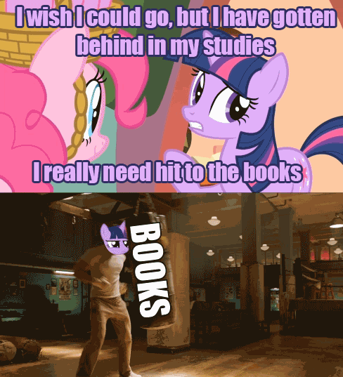 Size: 488x537 | Tagged: safe, edit, edited screencap, screencap, character:twilight sparkle, episode:party of one, g4, my little pony: friendship is magic, animated, book, captain america, literal, metaphor gif, pun, punch, punching bag, the avengers, visual gag