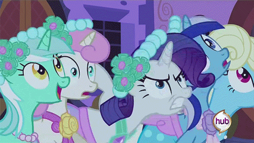 Size: 500x282 | Tagged: safe, edit, edited screencap, screencap, character:eclair créme, character:lyra heartstrings, character:minuette, character:rarity, character:twinkleshine, episode:a canterlot wedding, g4, my little pony: friendship is magic, animated, bouquet, bridesmaid dress, catching the bouquet, clothing, dress, element of generosity, embarrassed, extreme speed animation, glare, greedity, hub logo, insanity, mine!, rarisnap