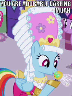Size: 243x322 | Tagged: safe, edit, edited screencap, screencap, character:pinkie pie, character:rainbow dash, character:twilight sparkle, episode:swarm of the century, g4, my little pony: friendship is magic, animated, cropped, cute, darling, dashie antoinette, image macro, kissing, mare antoinette, marie antoinette, out of character, parasprite, rainbow dash always dresses in style, wig