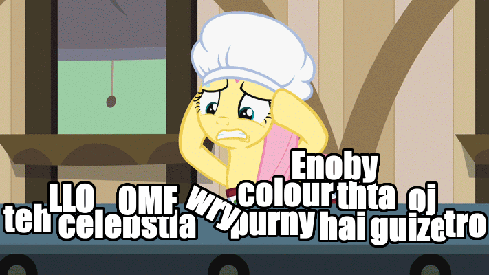 Size: 711x400 | Tagged: safe, edit, edited screencap, screencap, character:fluttershy, species:pegasus, species:pony, episode:the last roundup, g4, my little pony: friendship is magic, animated, apron, clothing, conveyor belt, female, frown, grammar nazi, gritted teeth, hat, mare, solo, text, window
