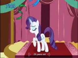 Size: 642x474 | Tagged: safe, edit, edited screencap, screencap, character:rarity, episode:friendship is magic, g4, my little pony: friendship is magic, age, caption, youtube caption