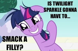 Size: 701x466 | Tagged: safe, edit, edited screencap, screencap, character:twilight sparkle, episode:lesson zero, g4, my little pony: friendship is magic, abuse, bench, chappelle's show, female, foal abuse, image macro, meme, reaction image, smiling, solo, text, wayne brady