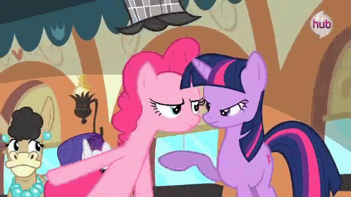 Size: 498x280 | Tagged: safe, edit, edited screencap, screencap, character:pinkie pie, character:rarity, character:twilight sparkle, species:donkey, species:earth pony, species:pony, species:unicorn, episode:mmmystery on the friendship express, g4, my little pony: friendship is magic, animated, bubble, bubble pipe, clothing, deerstalker, female, hair over one eye, hat, hub logo, mare, mulia mild, twilight popple, vulgar