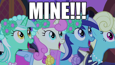 Size: 400x225 | Tagged: safe, edit, edited screencap, screencap, character:eclair créme, character:lyra heartstrings, character:minuette, character:rarity, character:twinkleshine, episode:a canterlot wedding, g4, my little pony: friendship is magic, animated, caption, eyes closed, eyes on the prize, faec, flailing, image macro, open mouth, psycho, pushing, smiling, wide eyes