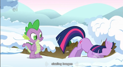 Size: 855x467 | Tagged: safe, edit, edited screencap, screencap, character:spike, character:twilight sparkle, species:dragon, species:pony, species:unicorn, episode:winter wrap up, g4, my little pony: friendship is magic, ass up, caption, female, male, mare, youtube caption
