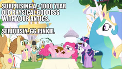 Size: 960x540 | Tagged: safe, edit, edited screencap, screencap, character:applejack, character:donut joe, character:fluttershy, character:gustave le grande, character:pinkie pie, character:princess celestia, character:rarity, character:twilight sparkle, species:griffon, episode:mmmystery on the friendship express, g4, my little pony: friendship is magic, chubby cheeks, deified alicorn, fat, gustave le grande, mulia mild, piggy pie, pudgy pie
