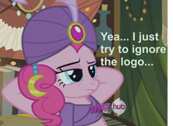 Size: 900x660 | Tagged: safe, edit, edited screencap, screencap, character:pinkie pie, episode:it's about time, g4, my little pony: friendship is magic, clothing, cropped, female, hooves behind head, hub logo, image macro, madame pinkie, scarf, solo, turban