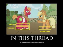 Size: 749x557 | Tagged: safe, edit, edited screencap, screencap, character:applejack, character:big mcintosh, species:earth pony, species:pony, episode:applebuck season, g4, my little pony: friendship is magic, artifact, brother and sister, demotivational poster, duo, female, hooves, male, meme, overanalyzing, stallion, unshorn fetlocks