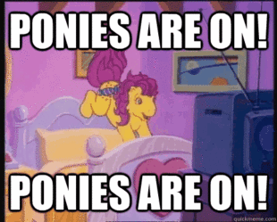 Size: 310x249 | Tagged: safe, edit, edited screencap, screencap, character:bon bon (g1), episode:battle of the bands, g1, my little pony tales, animated, bed, caption, happy, horses doing horse things, image macro, jumping, solo, television