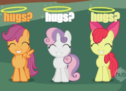 Size: 894x644 | Tagged: safe, edit, edited screencap, screencap, character:apple bloom, character:scootaloo, character:sweetie belle, species:earth pony, species:pegasus, species:pony, episode:stare master, g4, my little pony: friendship is magic, bronybait, caption, cutie mark crusaders, hub logo, hug, hug request, image macro